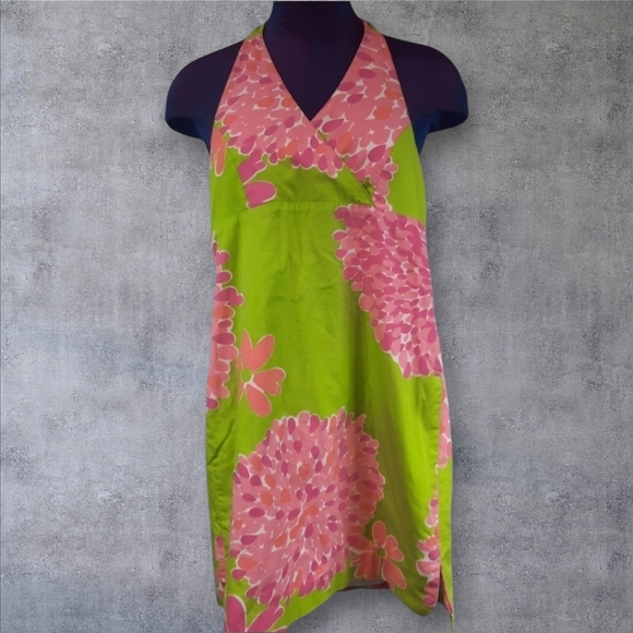 Lilly Pulitzer Halter Sun Dress Green & Pink Floral Size 12 Kids Girls - Picture 1 of 7